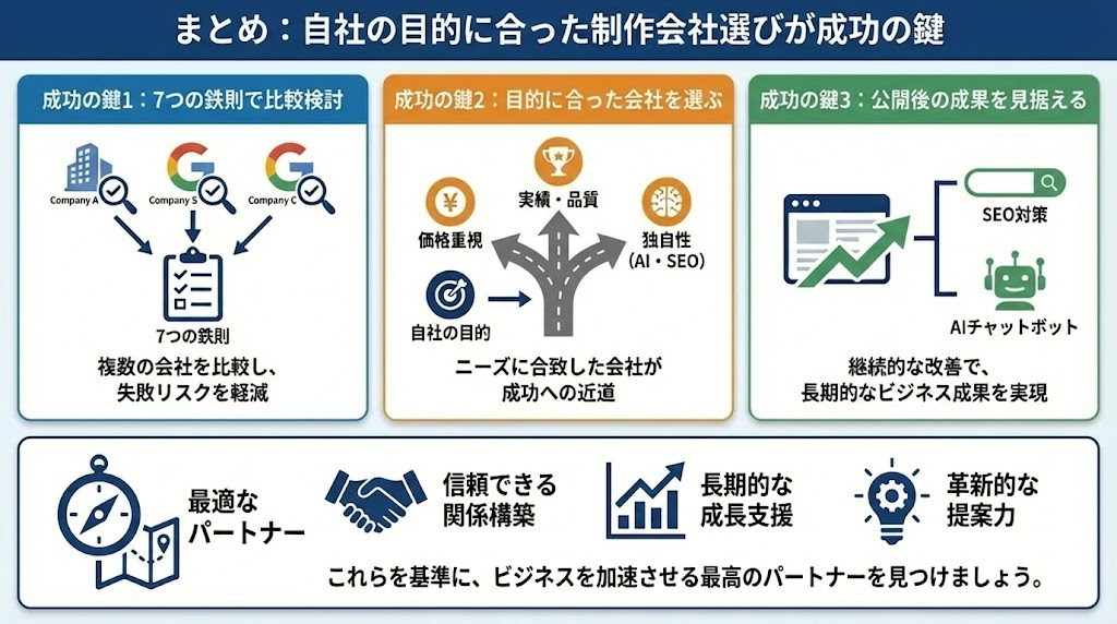 制作会社選びの成功の鍵3点（7つの鉄則、目的の明確化、公開後の成果）