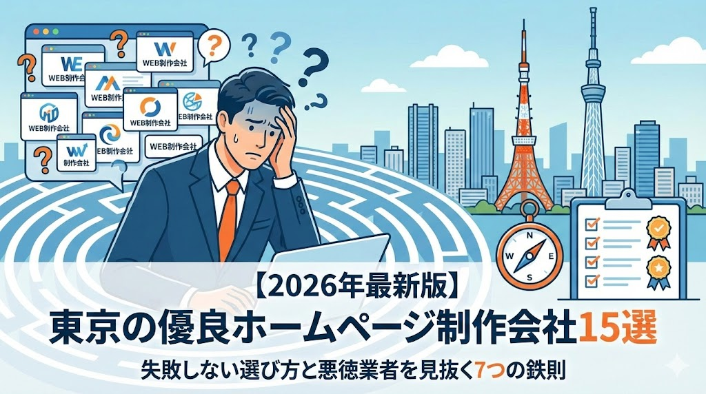 2026年最新版、東京の優良ホームページ制作会社15選を解説するブログ記事のアイキャッチ画像。迷路の中で悩むビジネスマンと、背後に広がる東京の街並みのイラスト。