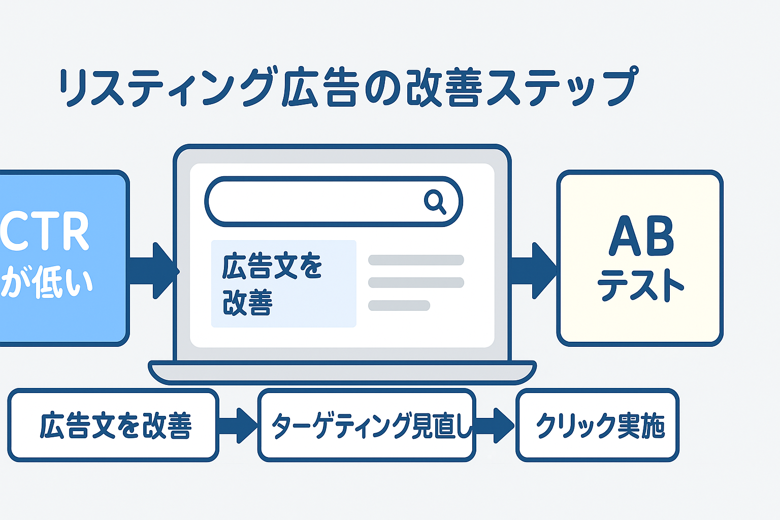 リスティング広告運用での課題と解決策のプロセス図