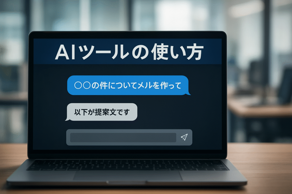 パソコンやスマホ画面に表示された日本語のAIチャットボット画面。入力欄には「○○の件についてメールを作って」、返信欄には「以下が提案文です」と表示されている。シンプルでモダンなUIデザイン。