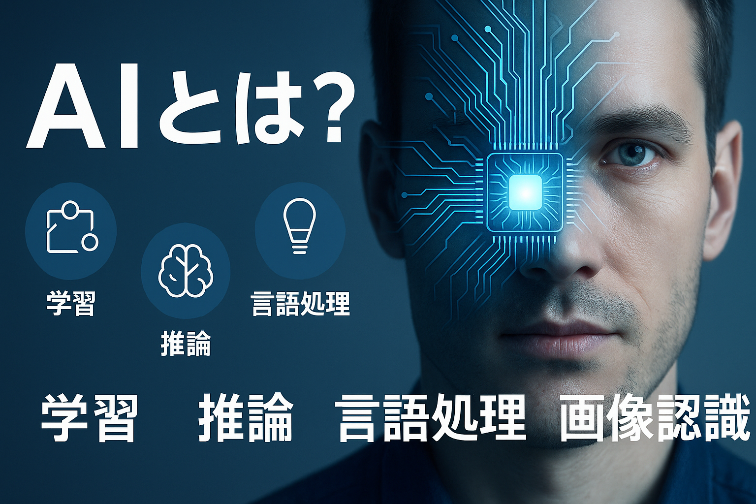 「AIの種類と特徴」というタイトルの日本語インフォグラフィック。機械学習、ディープラーニング、ルールベースAIの3種を、アイコンと簡潔な説明文で比較している図。青系統の統一感あるデザインで、ブログ記事の内容を補足。