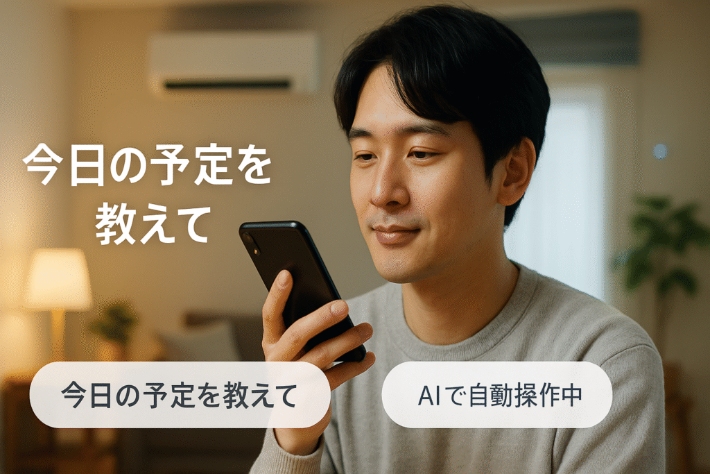 スマートホーム内で音声アシスタントに話しかける人物を描いたイラスト。画面には「今日の予定を教えて」「AIで自動操作中」などの日本語テキスト。AIが家電を制御する様子を表現している。