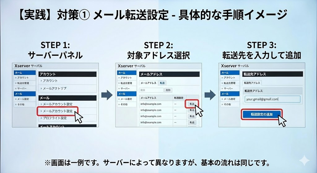 対策① メール転送設定」の具体的な設定イメージ図（Xサーバー）
