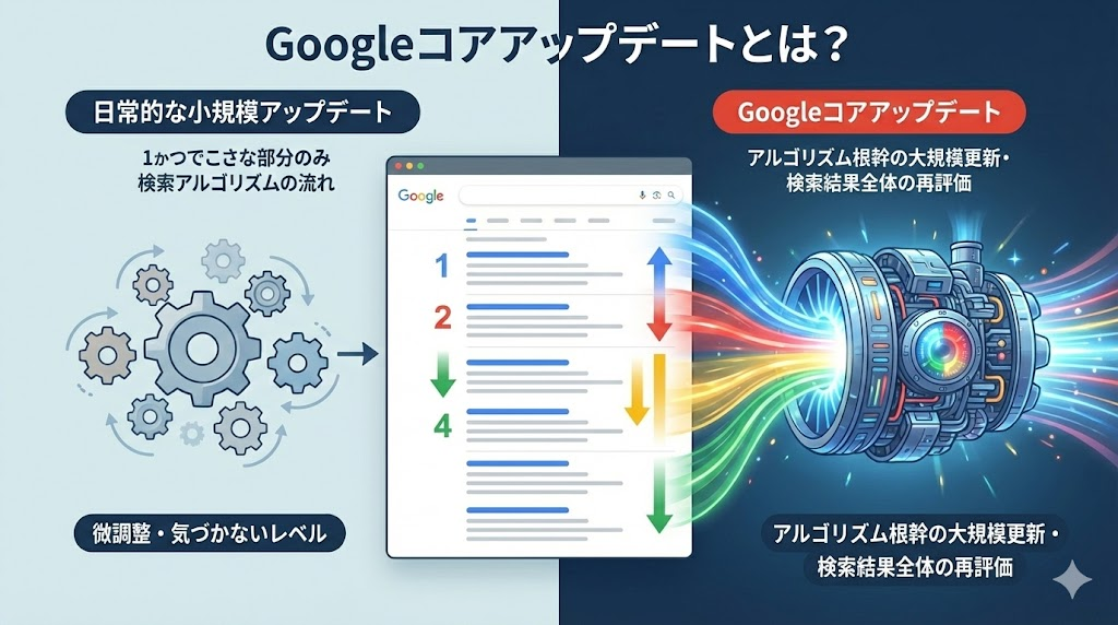 Googleコアアップデートと日常的な小規模アップデートの違いを比較した図。左側は小さな歯車による微調整を示し、右側は巨大なエンジンがアルゴリズムの根幹を大規模に更新し、検索結果全体を再評価する様子を視覚的に表現している。