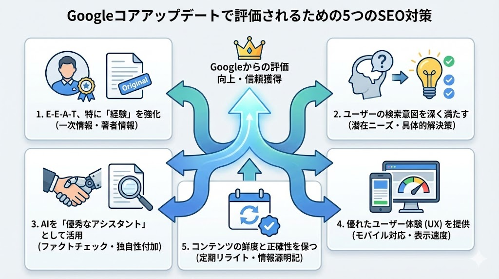 Googleコアアップデートで評価されるための5つのSEO対策を示す相関図。1.E-E-A-T（特に「経験」）の強化、2.ユーザーの検索意図を満たす、3.AIの適切な活用、4.優れたUXの提供、5.コンテンツの鮮度と正確性の維持という5つの要素が、Googleからの信頼獲得につながる構造をイラストで解説している。