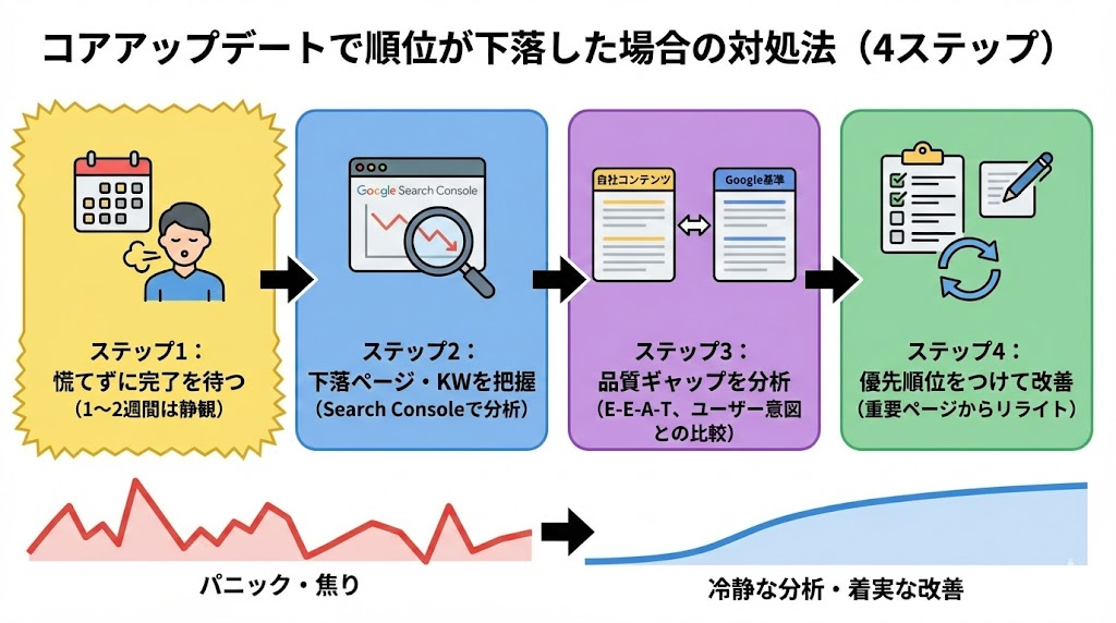 Googleコアアップデートで検索順位が下落した場合の4ステップの対処法を示すフローチャート。1.静観する、2.Search Consoleで分析、3.品質ギャップを分析、4.優先順位をつけて改善という手順を踏むことで、パニック状態から冷静な分析と着実な改善へと移行する様子を図示している。