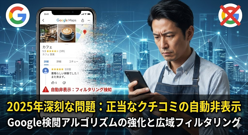 2025年、Googleビジネスプロフィールの正当な好意的なクチコミが自動的に消えてしまい、困惑するビジネスオーナーのイラスト。
