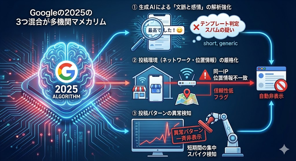 2025年のGoogle AIアルゴリズムが、感情解析、ネットワーク環境、投稿パターンを厳格に審査し、正当なクチコミをスパムと誤認する3つのメカニズムを示す図解イラスト。