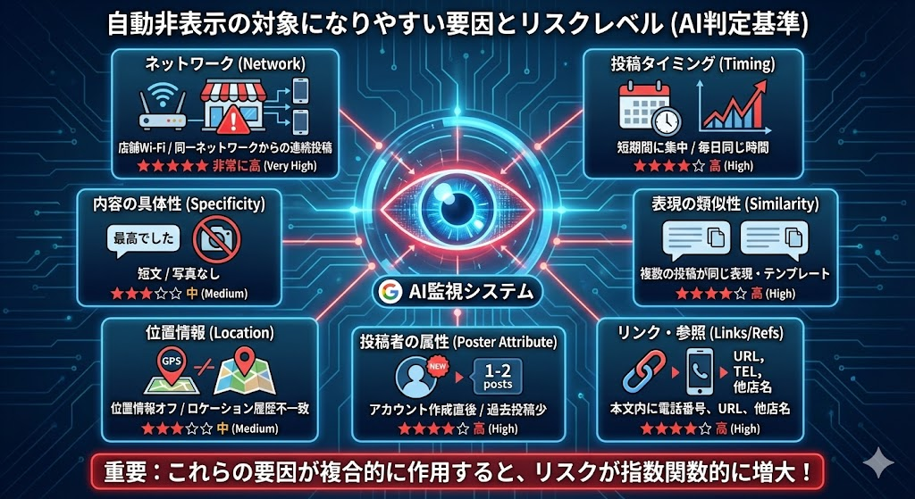 Googleクチコミが自動非表示になりやすい要因（新規アカウント、店舗Wi-Fi利用、短文、リンク、集中投稿など）とそのリスクレベルを示すチェックリスト形式のイラスト。