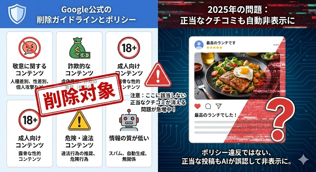 Googleが定めるクチコミ削除ガイドラインとポリシー。誹謗中傷、詐欺、成人向け、違法コンテンツなどが禁止対象であることを示すイラスト。