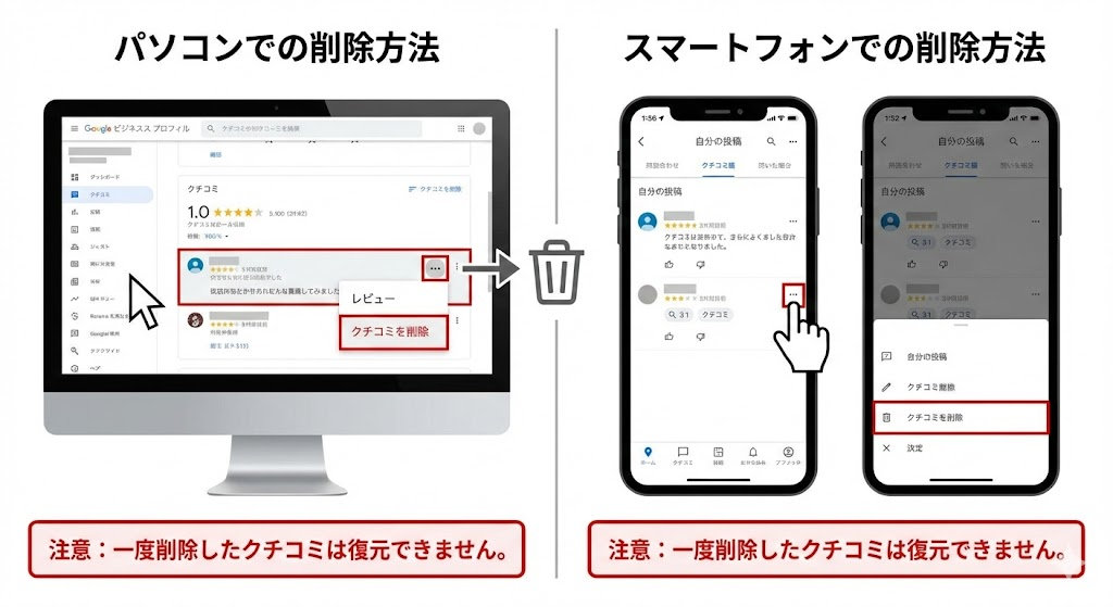 スマートフォンで自分が投稿したクチコミを削除する手順と、パソコンで他人の不適切なクチコミをGoogleに報告する手順を示す操作画面のイラスト。