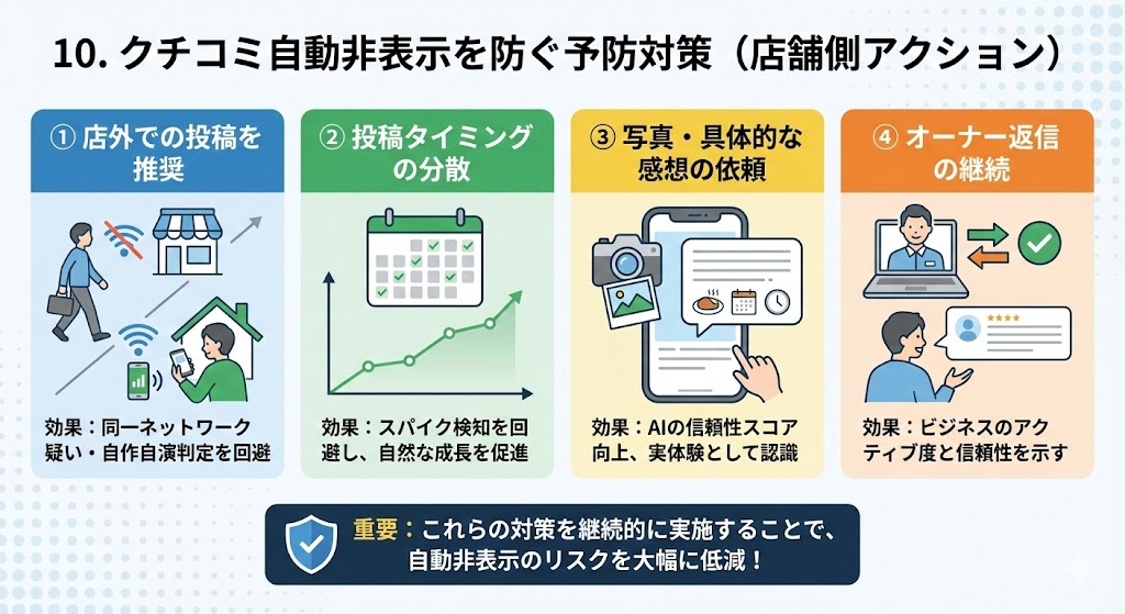 クチコミの自動非表示を防ぐための4つの予防対策（店外からの投稿推奨、投稿タイミングの分散、写真付き・具体的な感想の依頼、丁寧なオーナー返信）を示すイラスト。