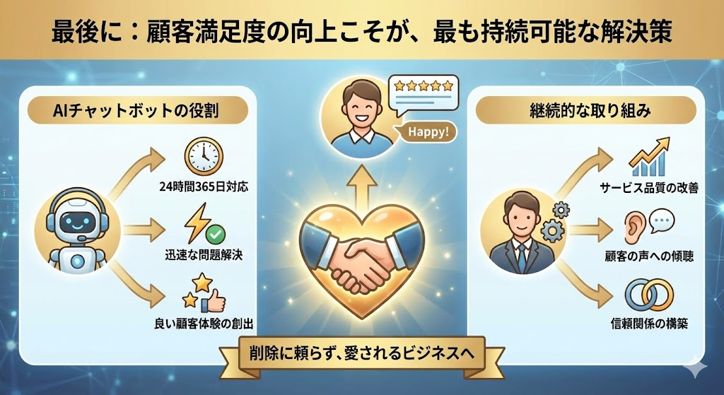 最後のまとめの画像。チャットボットを使うことで良い顧客体験が出来る点と継続的な取り組みを行うことでユーザー体験が向上することを案内している