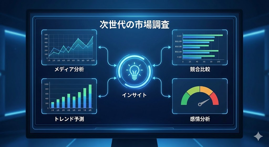 Meltwaterのダッシュボード(感情分析やトレンド予測)の操作画面イメージ