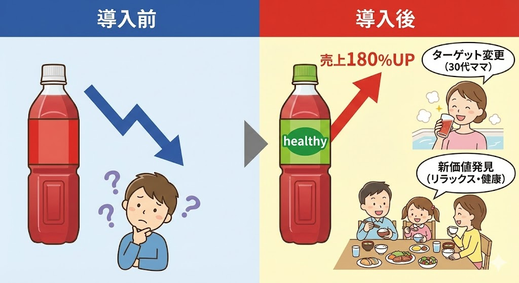 飲料メーカーの事例:AI分析によるターゲット変更で売上が180%向上した比較図