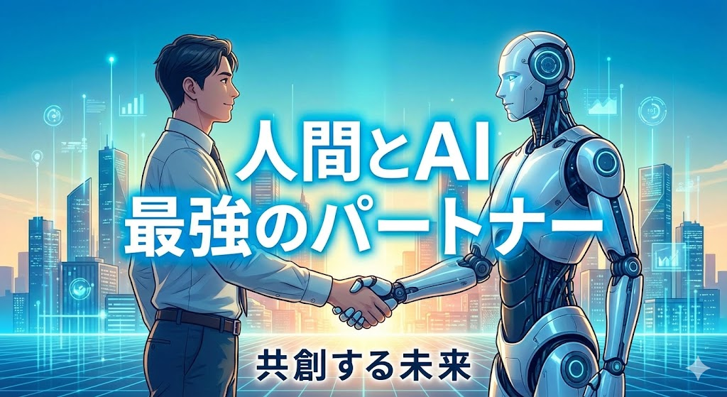 AIとマーケターが協力(握手)し、次世代の戦略を立案するパートナーシップ