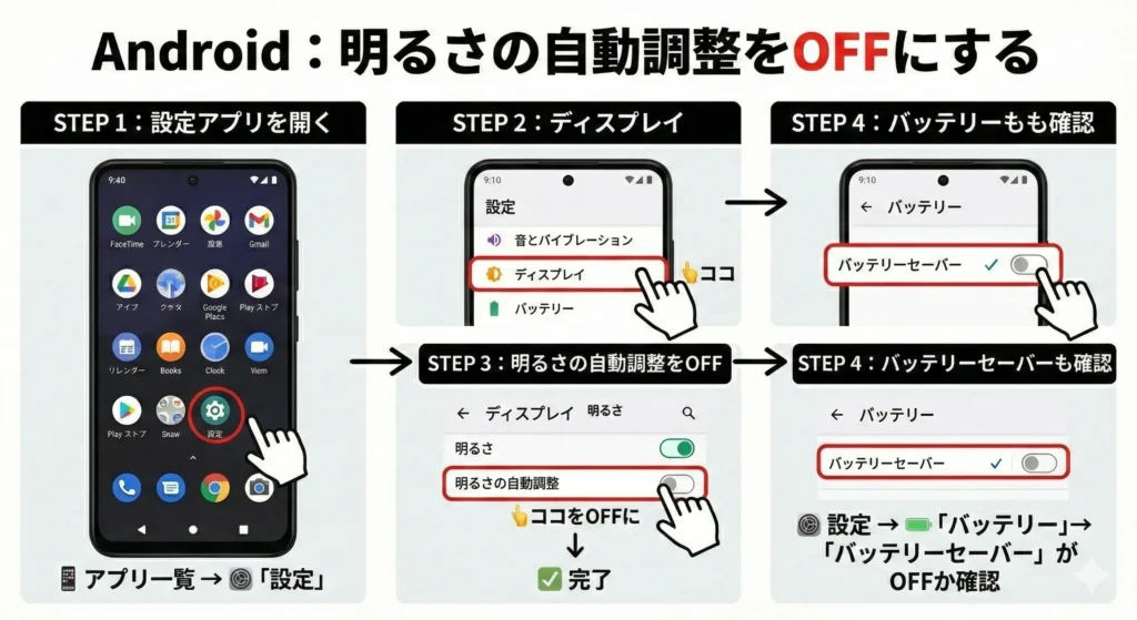 Android：明るさの自動調整をOFFにする