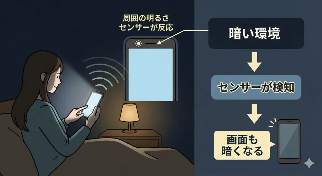 暗い環境だから画面も暗くしよう