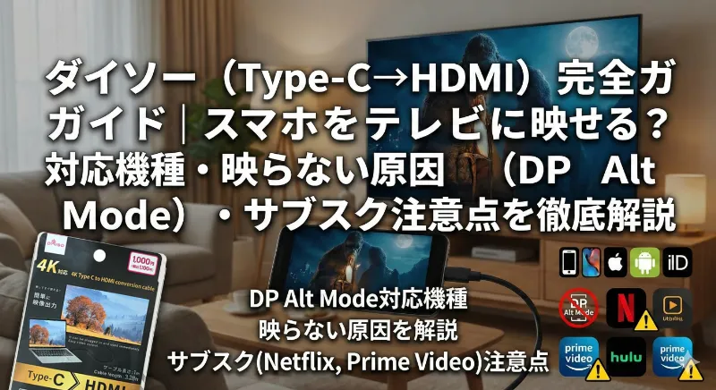 コンバージョンケーブル ダイソー（Type‑C→HDMI）完全ガイド｜スマホをテレビに映せる？対応機種・映らない原因（DP Alt Mode）・サブスク注意点を徹底解説