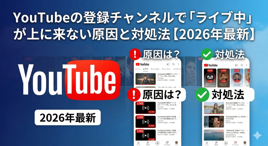 YouTubeの登録チャンネルで「ライブ中」が上に来ない原因と対処法【2026年最新】