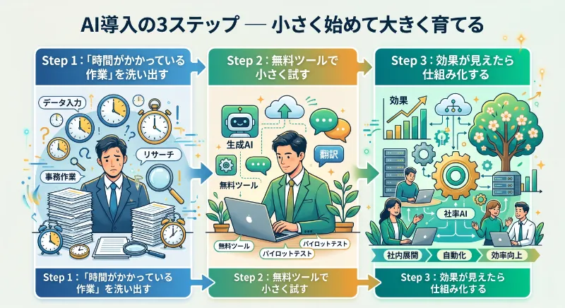 AI導入の3ステップ — 小さく始めて大きく育てる