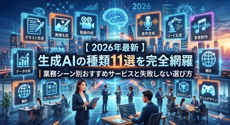 【 2026年最新】生成AIの種類11選を完全網羅｜業務シーン別おすすめサービスと失敗しない選び方