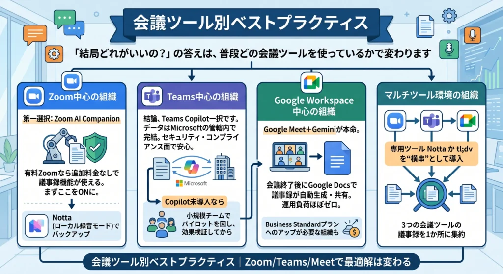 会議ツール別ベストプラクティス｜Zoom/Teams/Meetで最適解は変わる
