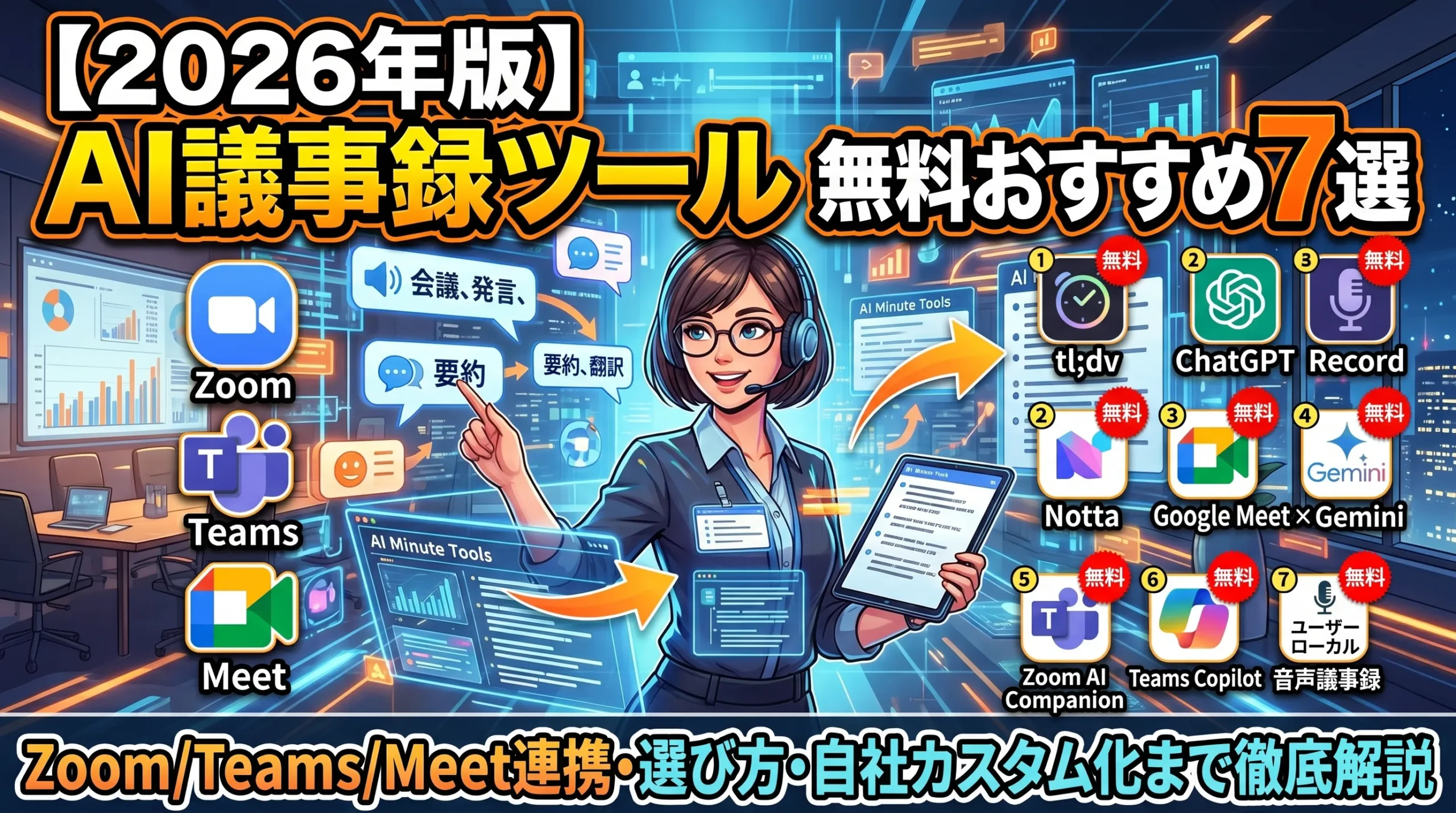 【2026年版】AI議事録ツール無料おすすめ7選｜Zoom/Teams/Meet連携・選び方・自社カスタム化まで徹底解説