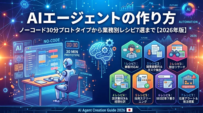 AIエージェントの作り方｜ノーコード30分プロトタイプから業務別レシピ7選まで【2026年版】