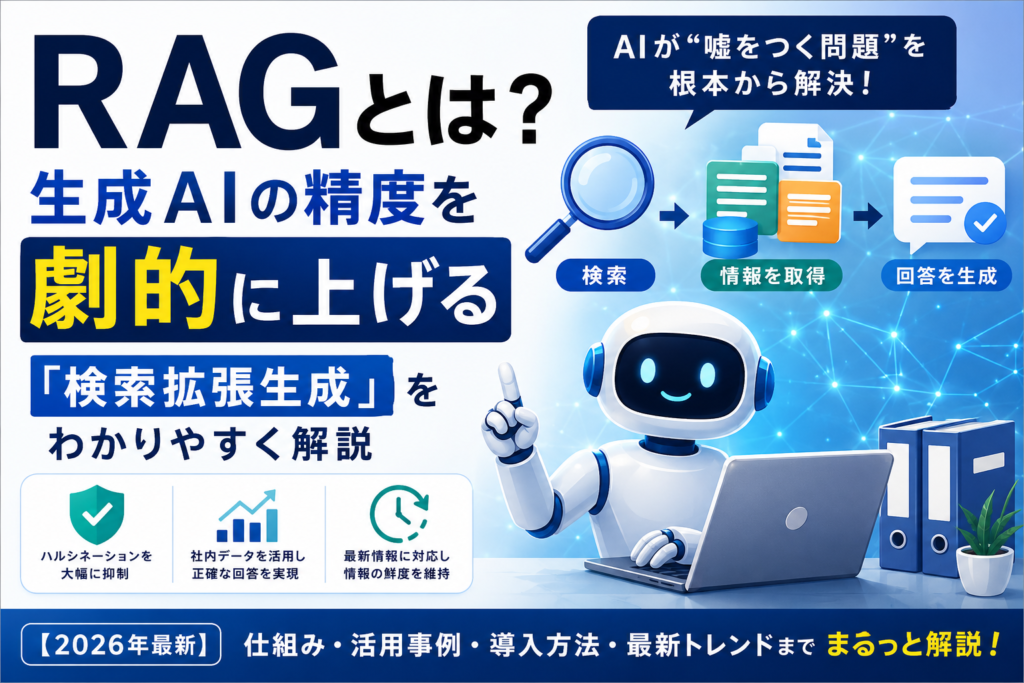 RAG(検索拡張生成)の仕組みをわかりやすく解説するイメージ。検索・情報取得・回答生成を行うAIロボットとともに、生成AIの精度向上やハルシネーション対策を紹介している。