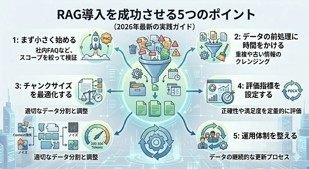 RAG導入を成功させる5つのポイント。脳(導入成功への道 RAG Success Pathway 2026)を中心に、5つのポイントがネットワークでつながっている。1. まず小さく始める(PoC)、2. データの前処理に時間をかける、3. チャンクサイズを最適化する、4. 評価指標を設定する(定量的に評価)、5. 運用体制を整える(データの継続的な更新プロセス)。未来的なデジタル背景。