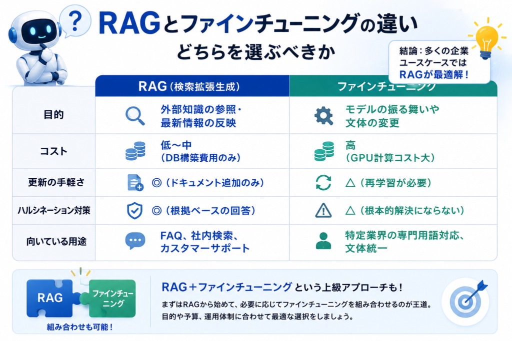 RAGとファインチューニングの特徴を比較した表。目的、コスト、更新のしやすさ、ハルシネーション対策、活用用途の違いを一覧で説明している。