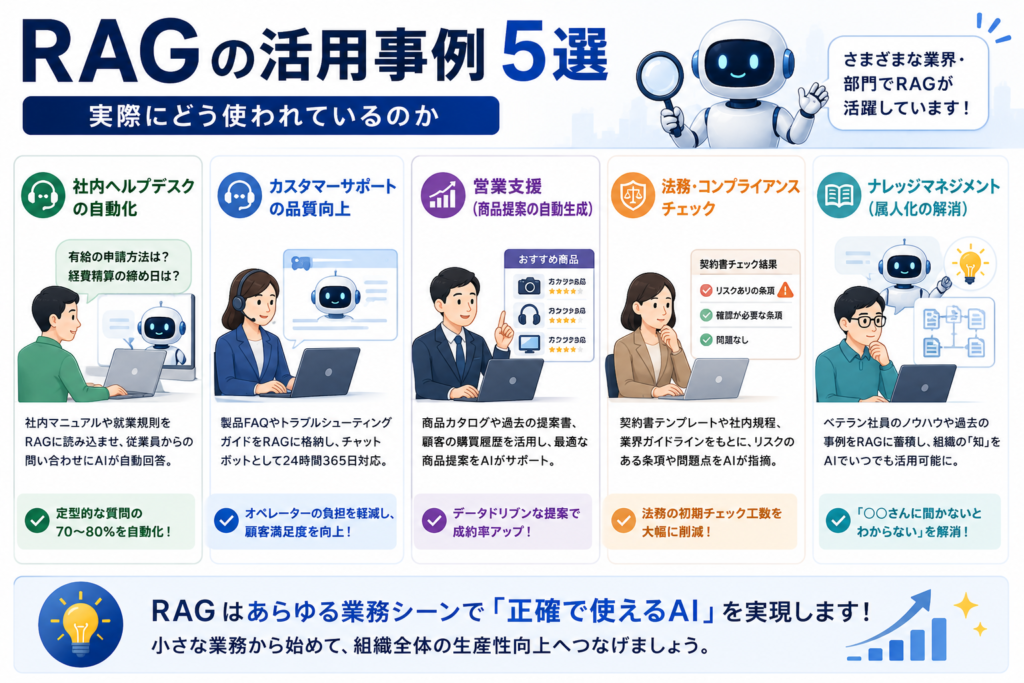 RAGの代表的な活用事例を紹介する図。社内ヘルプデスク、カスタマーサポート、営業支援、法務チェック、ナレッジマネジメントなどの業務活用例をまとめている。