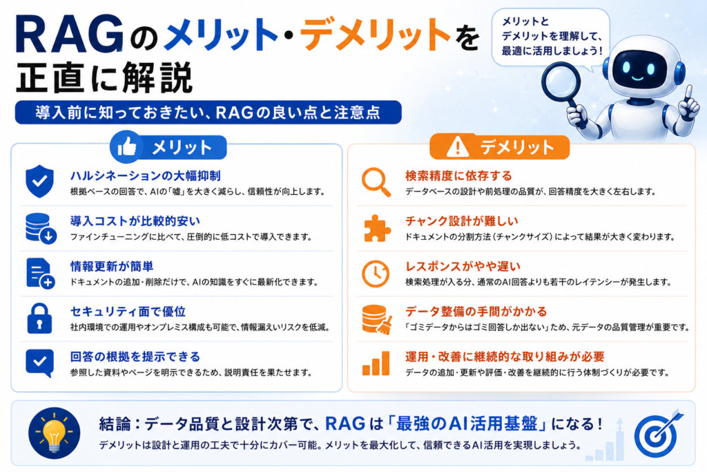RAG導入のメリットとデメリットを比較した図。ハルシネーション抑制や情報更新の容易さなどの利点と、検索精度への依存やデータ整備の負担などの注意点を解説している。