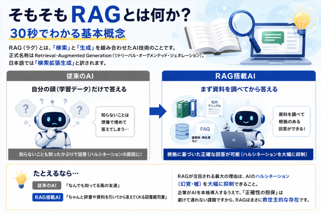 従来のAIとRAG搭載AIの違いを比較した図。従来のAIは学習データだけで回答するのに対し、RAGは資料や社内情報を検索して根拠のある回答を生成する仕組みを示している。