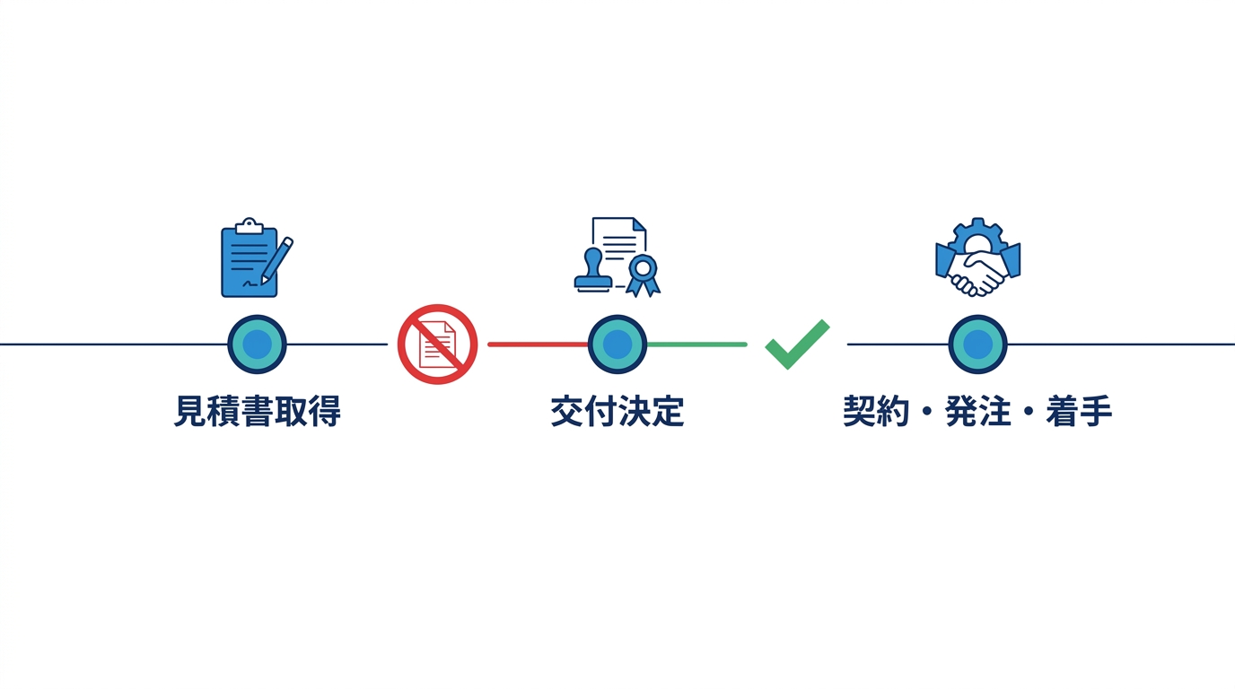 交付決定前後の着手ルールを示すタイムライン図