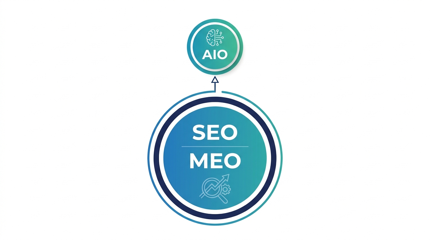 SEOとMEOを基本に据えAIOは補助的と位置づける関係図