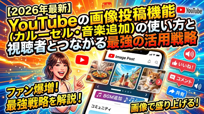 【2026年最新】YouTubeの画像投稿機能（カルーセル・音楽追加）の使い方と視聴者とつながる最強の活用戦略