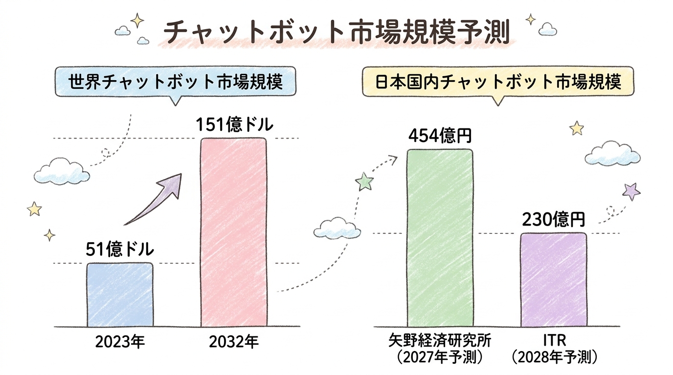 世界と国内のAIチャットボット市場規模の推移予測