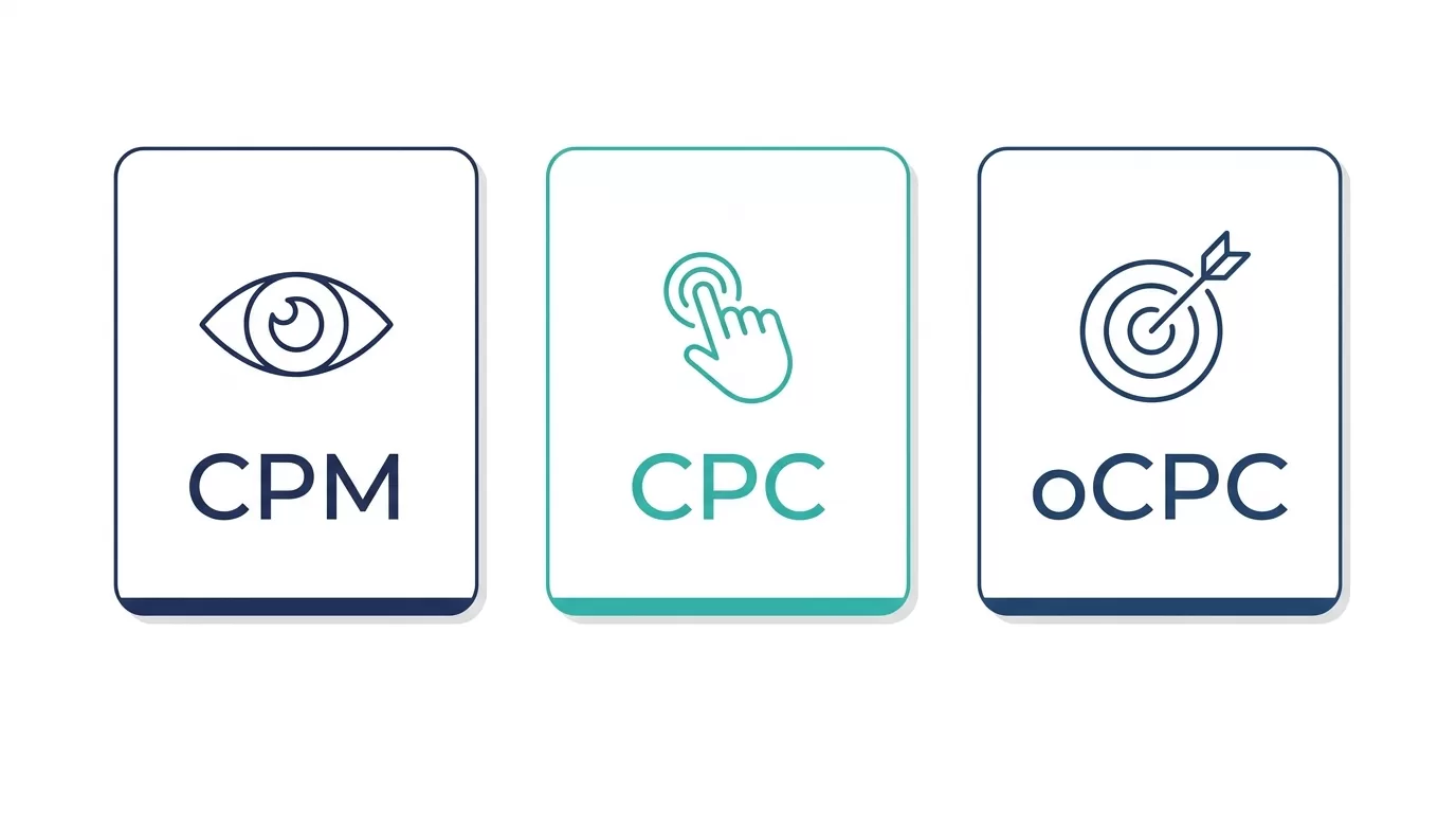 CPM・CPC・oCPCの3つの課金方式を示す図解