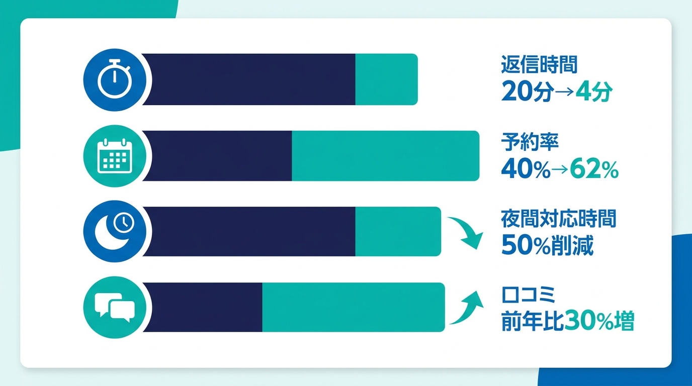 外国語問い合わせ対応の返信時間と予約率改善を示すグラフ