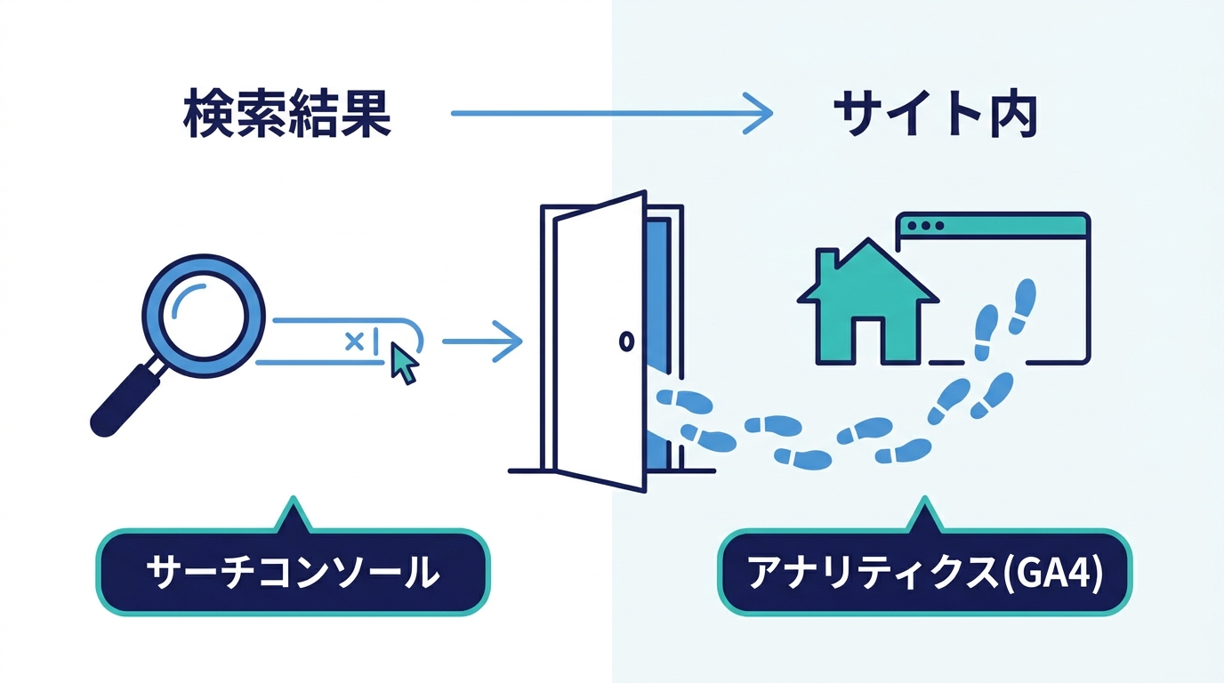 サーチコンソールとGoogleアナリティクスの役割の違いを示す図