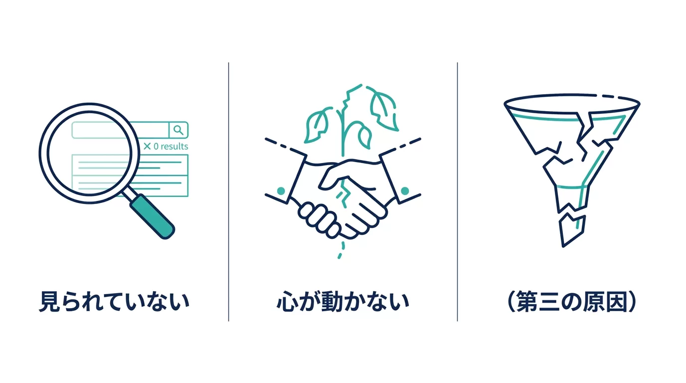 問い合わせが増えない3つの根本原因を示す図解