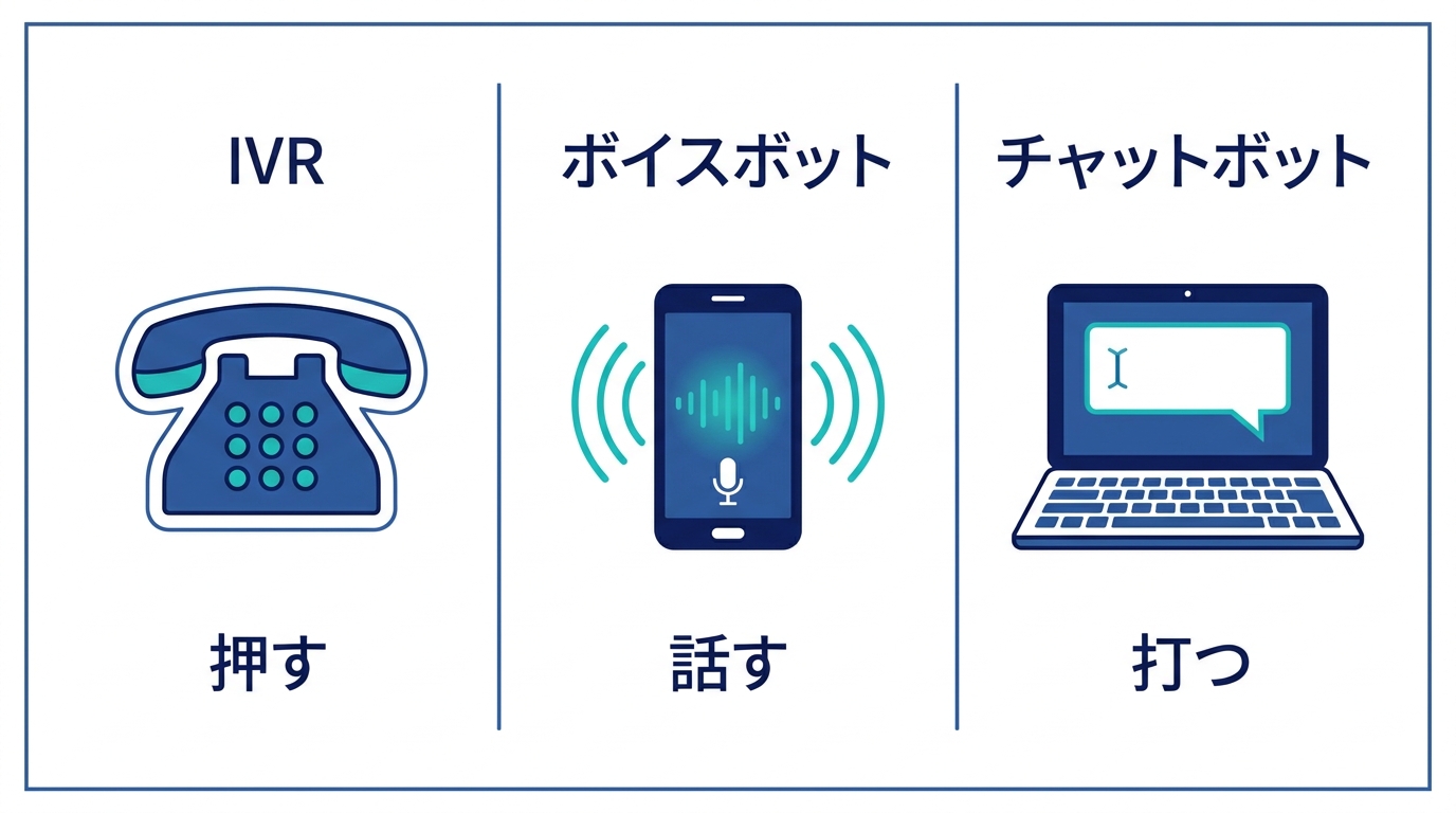 IVR・ボイスボット・チャットボットの違いの図解