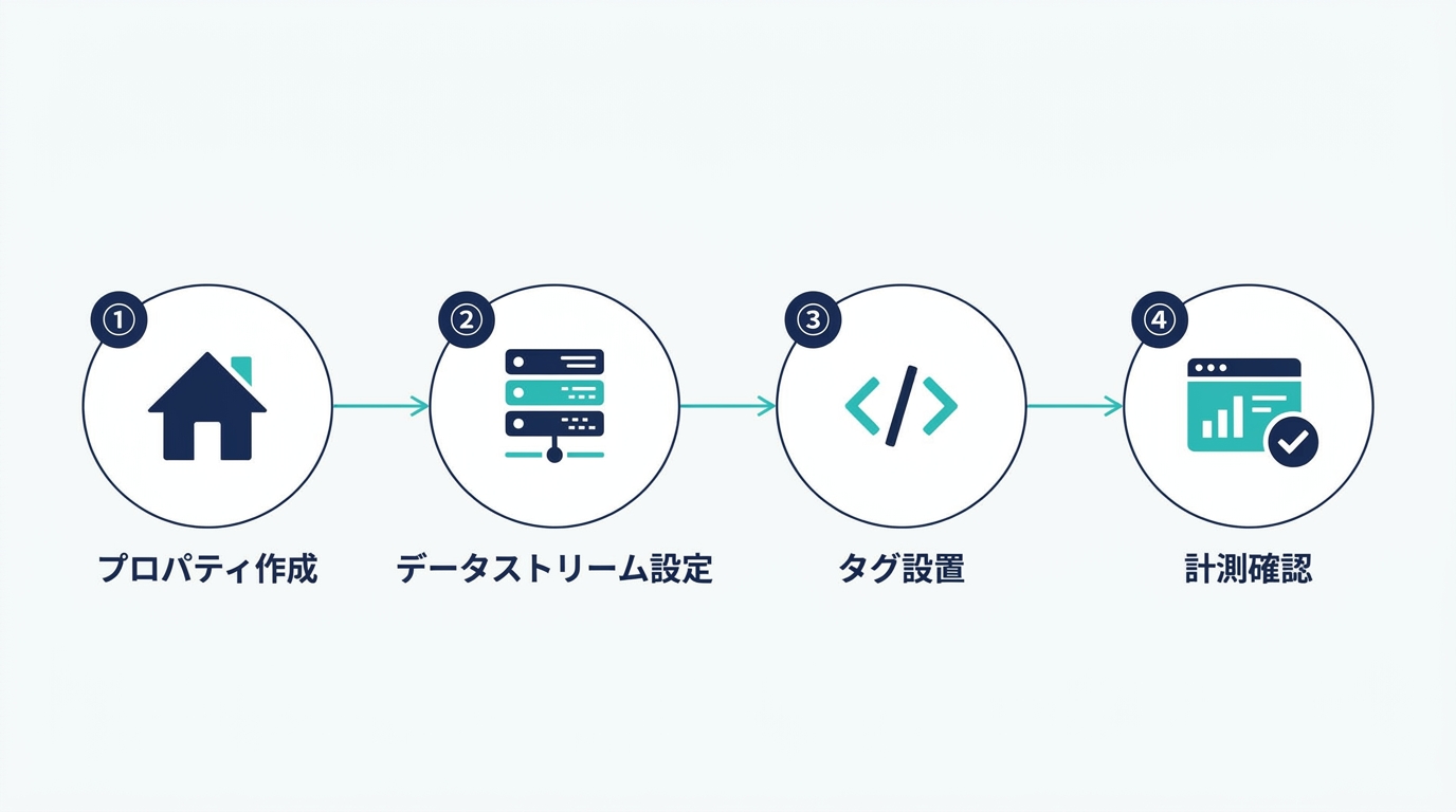 GA4初期設定の4ステップを示す図解