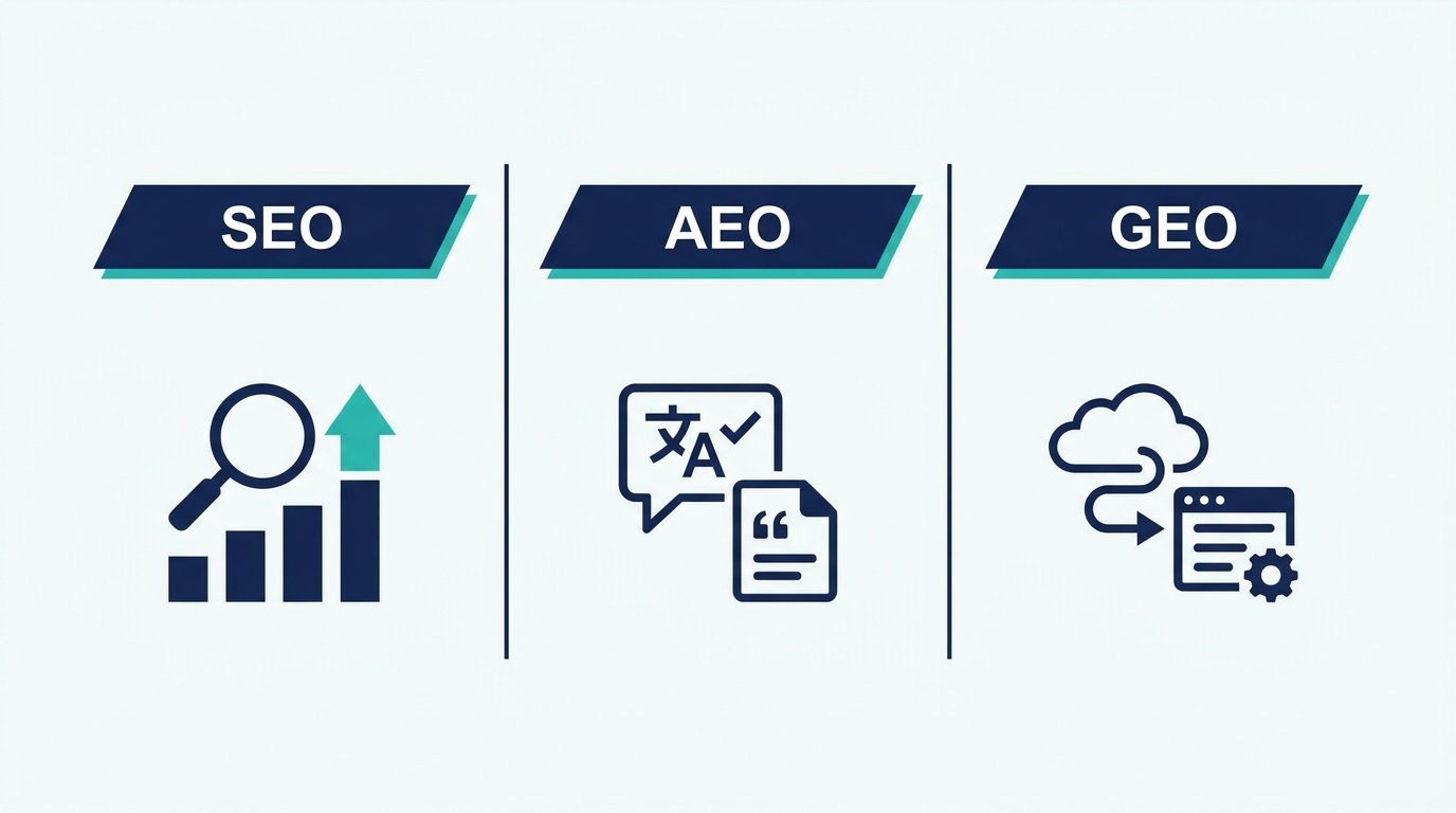 SEO・AEO・GEOの違いを示す比較図
