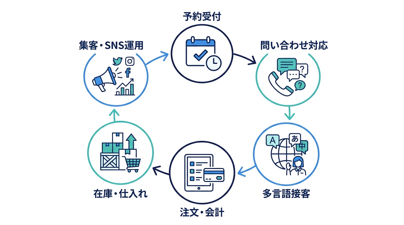 飲食店のAI活用6つの現場を示す図解