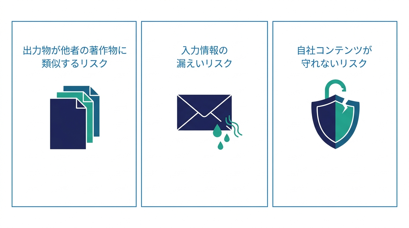 企業が直面する3つの著作権リスクを示す図解