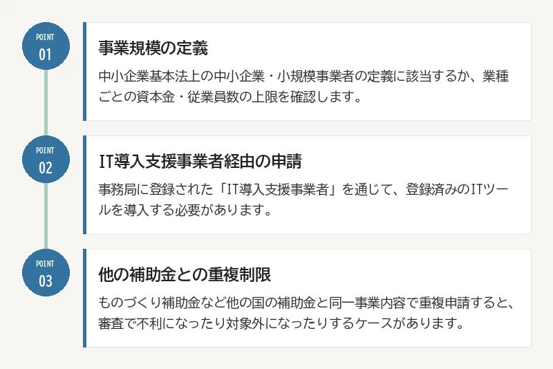 対象要件を確認する3つのポイント:01 事業規模の定義/02 IT導入支援事業者経由の申請/03 他の補助金との重複制限