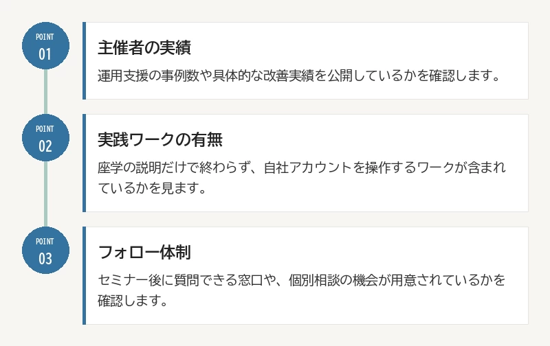 MEOセミナーを選ぶ3つの基準:01 主催者の実績/02 実践ワークの有無/03 フォロー体制